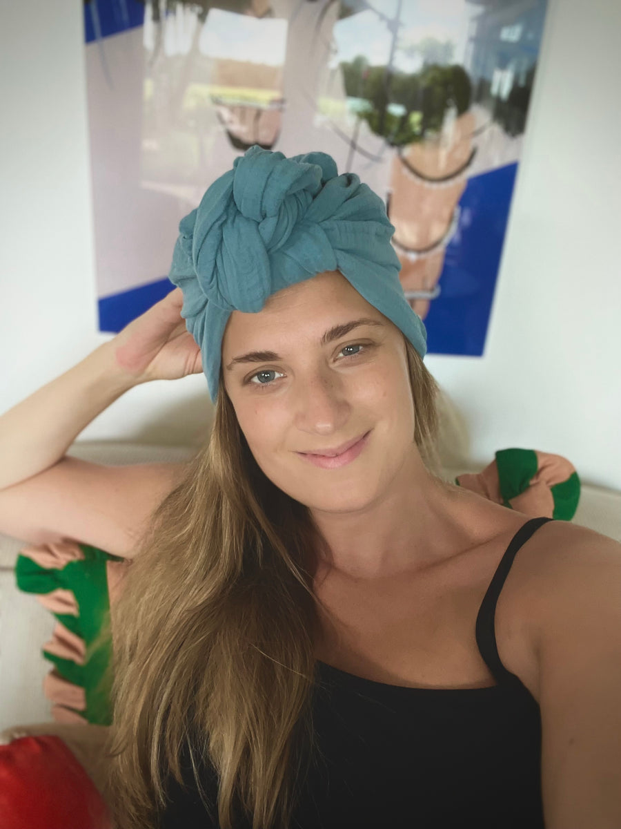 Turban Mütze LOLA, Musselin aqua